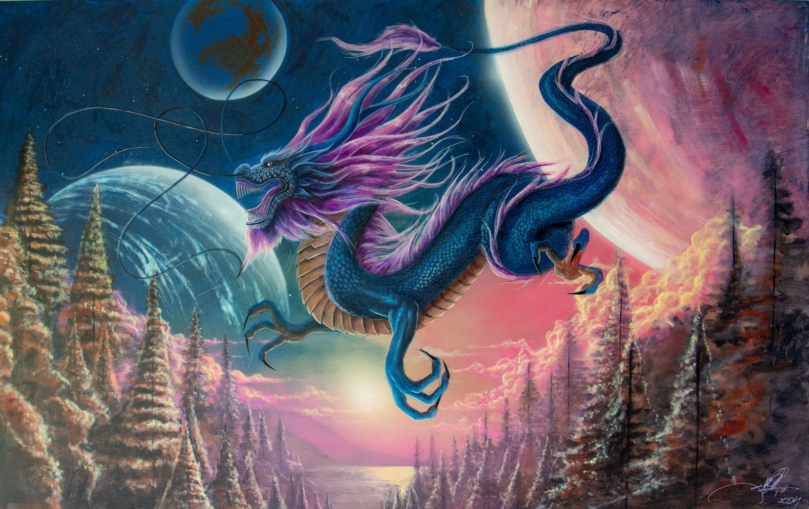 2024: un dragón azul de melena violeta volando entre planetas sobre un bosque de pinos y un lago al atardecer