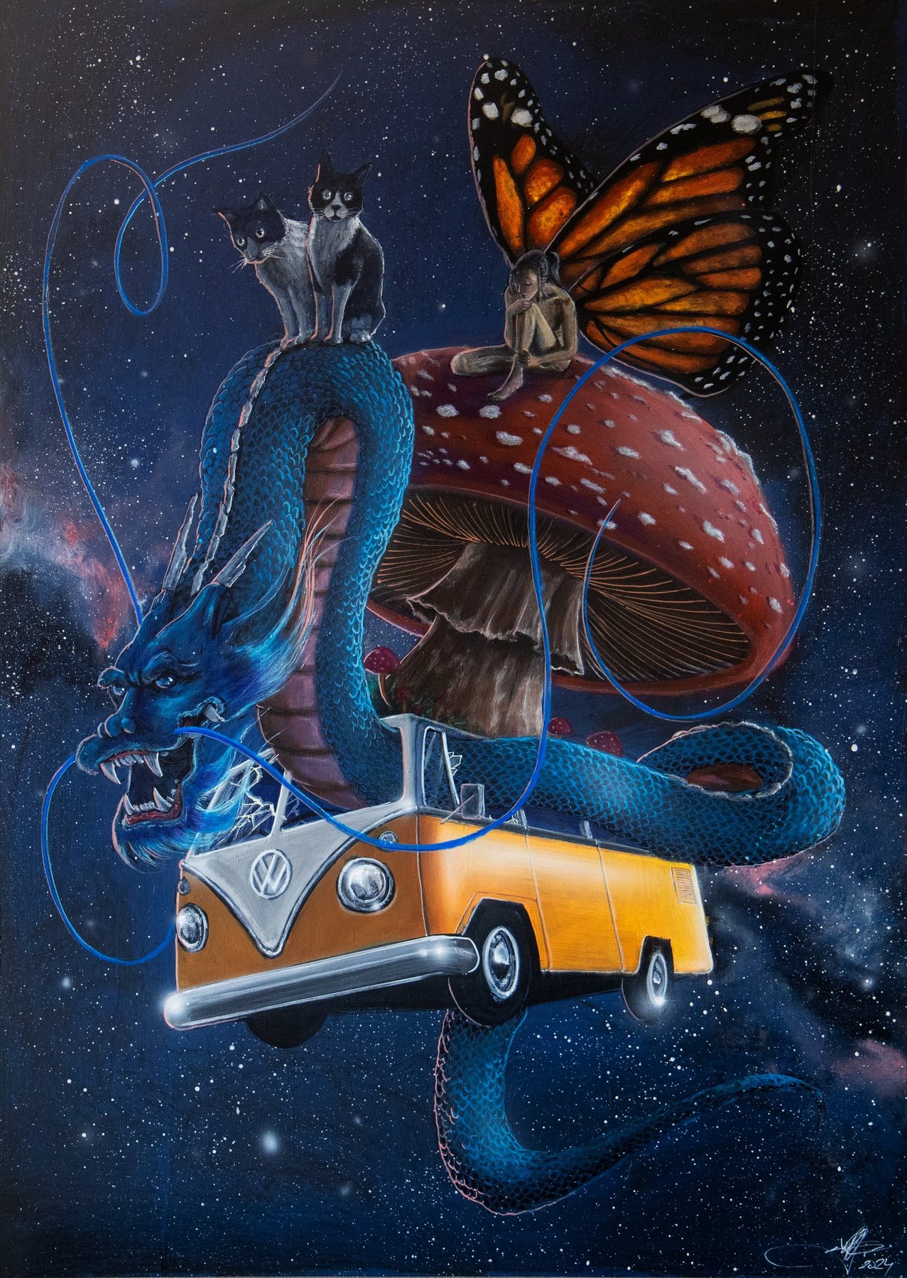 Autorretrato 24: una furgoneta Volkswagen naranja flota en el espacio conducida por un dragón azul, con dos gatos, un hada con alas de mariposa monarca y un enorme hongo