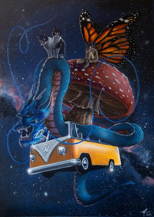 Autorretrato 24: una furgoneta Volkswagen naranja flota en el espacio conducida por un dragón azul, con dos gatos, un hada con alas de mariposa monarca y un enorme hongo