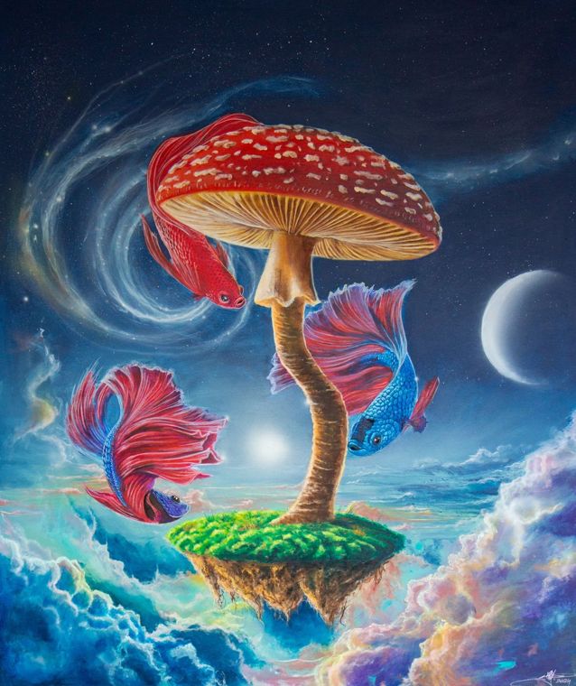 Donde menos te lo esperas: un hongo gigante sobre una isla flotante entre nubes, con tres peces beta rojo, rosa y azul bajo un cielo estrellado