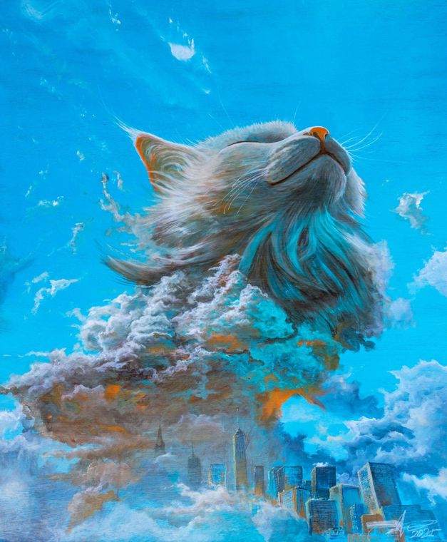 Fluye: la cabeza de un gato blanco y naranja con el pelaje azul turquesa, mirando al cielo con los ojos cerrados, sobre nubes y una ciudad