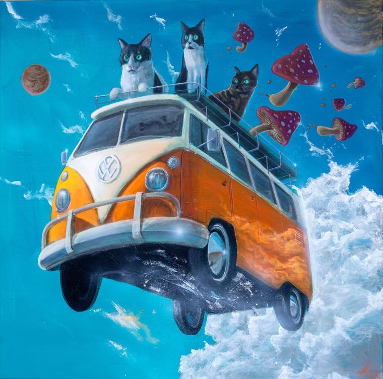 Nueva vida: una furgoneta naranja y blanca volando entre nubes y planetas, con tres gatos en la baca y setas rojas flotando