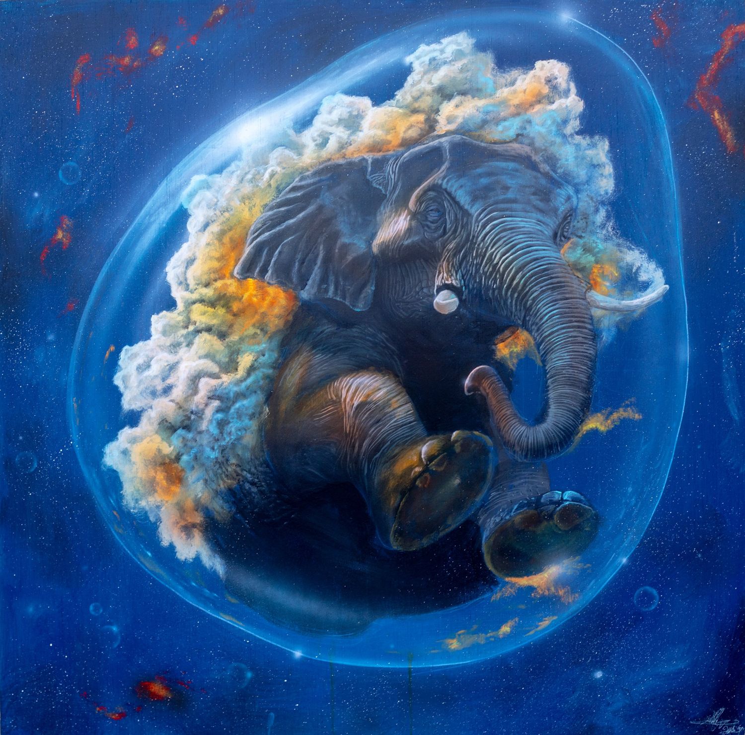 Renacimiento: un elefante flotando dentro de una burbuja transparente, rodeado de nubes naranjas y turquesas sobre un fondo azul estrellado