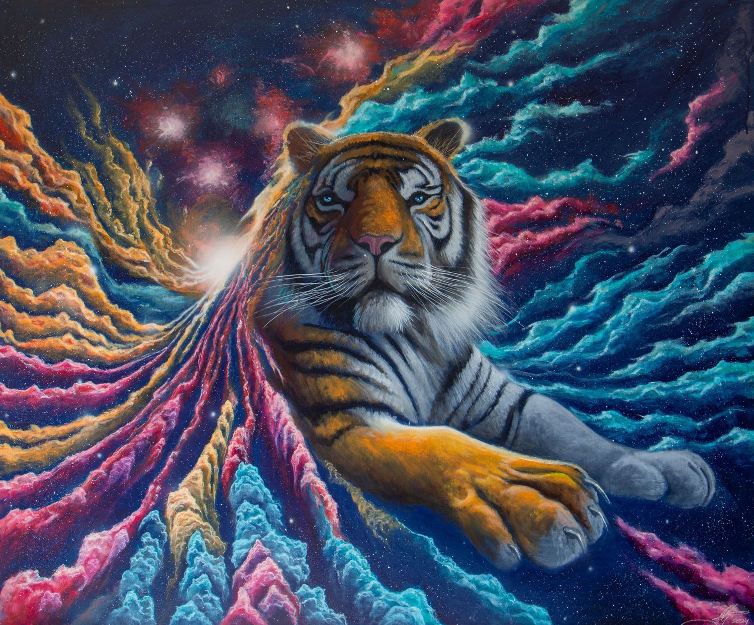 Tigris: un tigre de ojos azules tumbado sobre una nebulosa de nubes naranjas, rosas y turquesas en el espacio